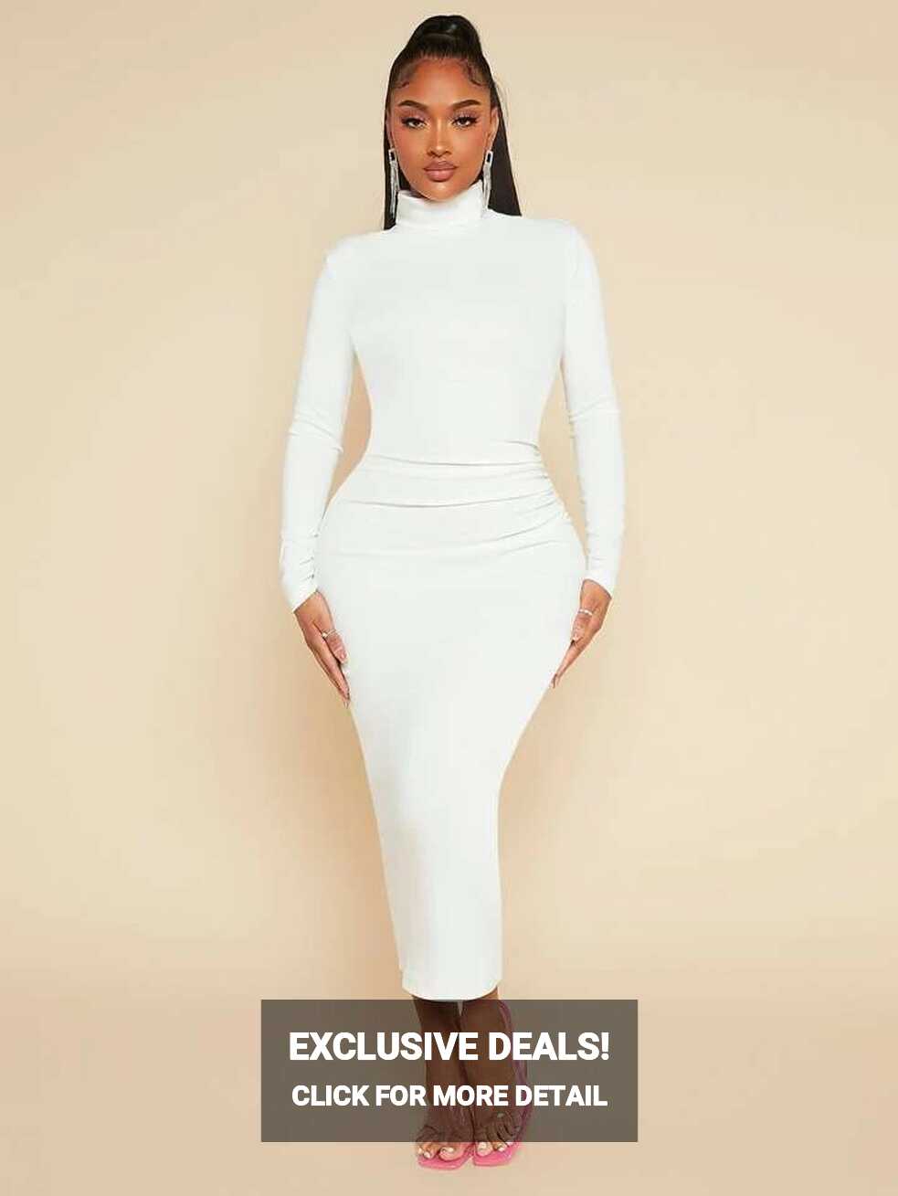 SHEIN SXY High Neck Solid Bodycon Ruched White Maxi Dress for Sale ...