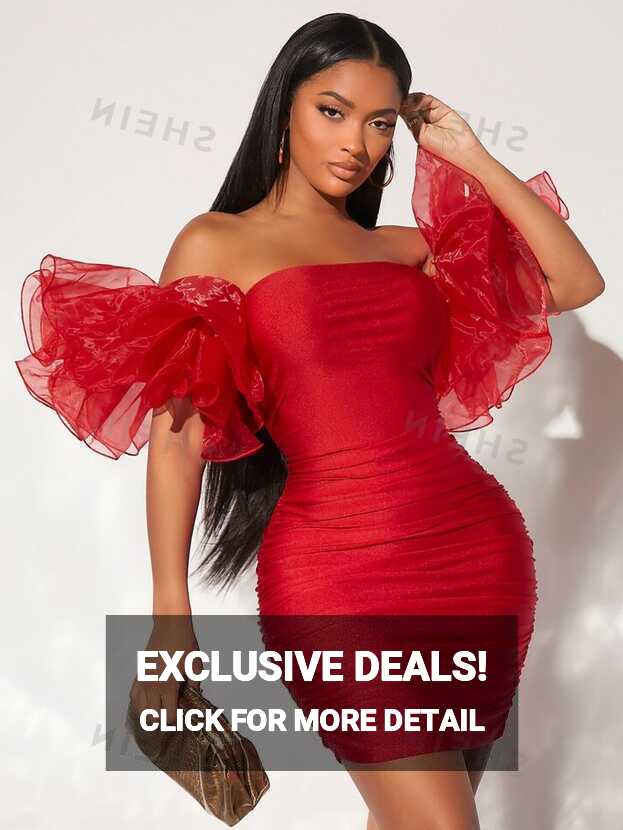 SHEIN SXY Off Shoulder Exaggerated Ruffle Ruched Mesh Bodycon ...