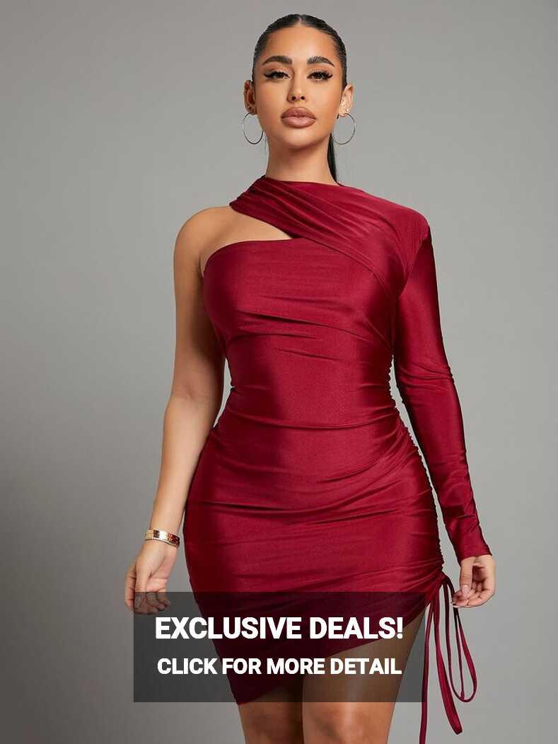 SHEIN SXY One Shoulder And One Drawstring Side Hem Bodycon Dress ...