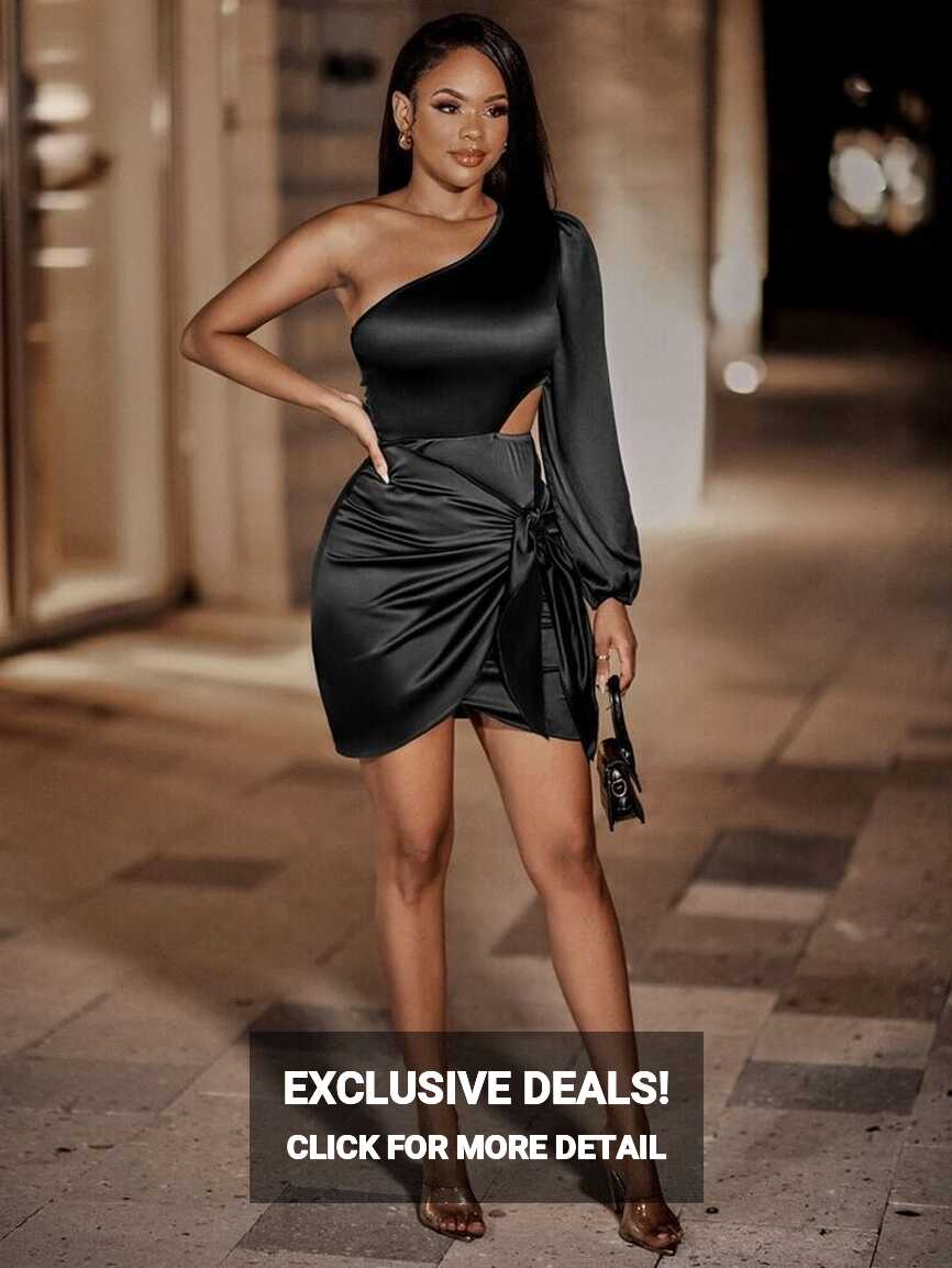 SHEIN SXY One Shoulder Cut Out Knot Front Satin Bodycon Dress