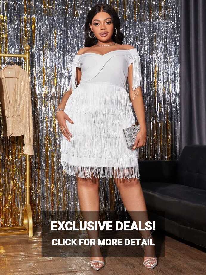 SHEIN SXY Plus Fringe Trim Off Shoulder Dress