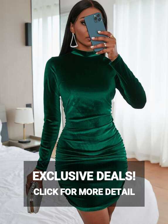 SHEIN SXY Ruched Mock Neck Velvet Bodycon Dress | SHEIN USA