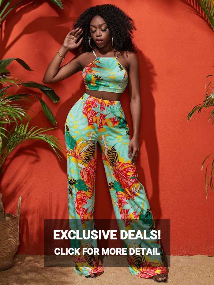 SHEIN SXY Tropical Print Cami Crop Top &amp; Wide Leg Pants Set ...