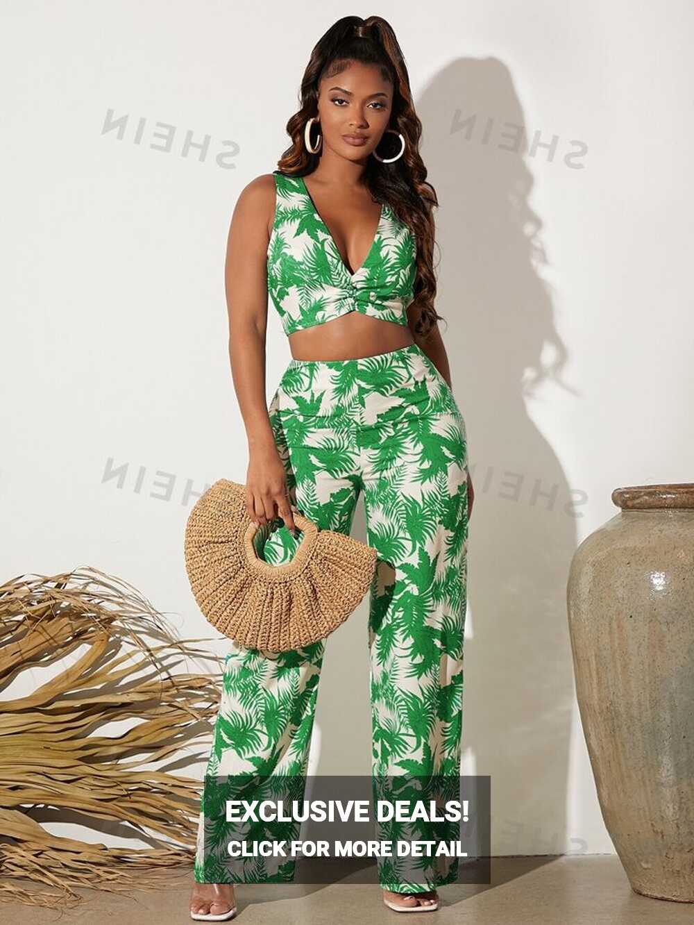 SHEIN SXY Tropical Print Crop Tank Top &amp; Wide Leg Pants Two Piece ...