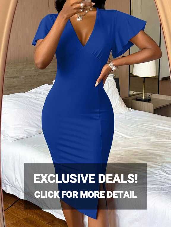 SHEIN Slayr Plunging Neck Flutter Sleeve Slit Hem Bodycon Dress ...