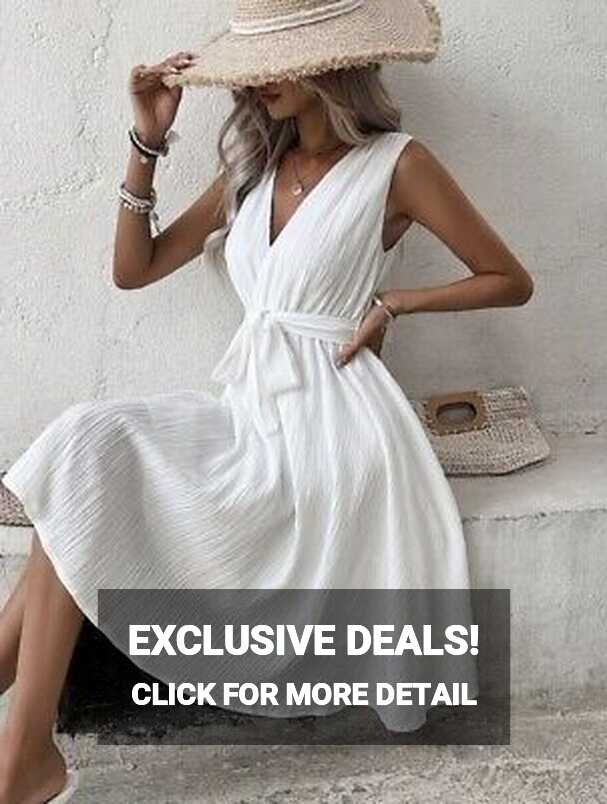 SHEIN Solid Belted A-line Knee-length White Summer Sleeveless ...