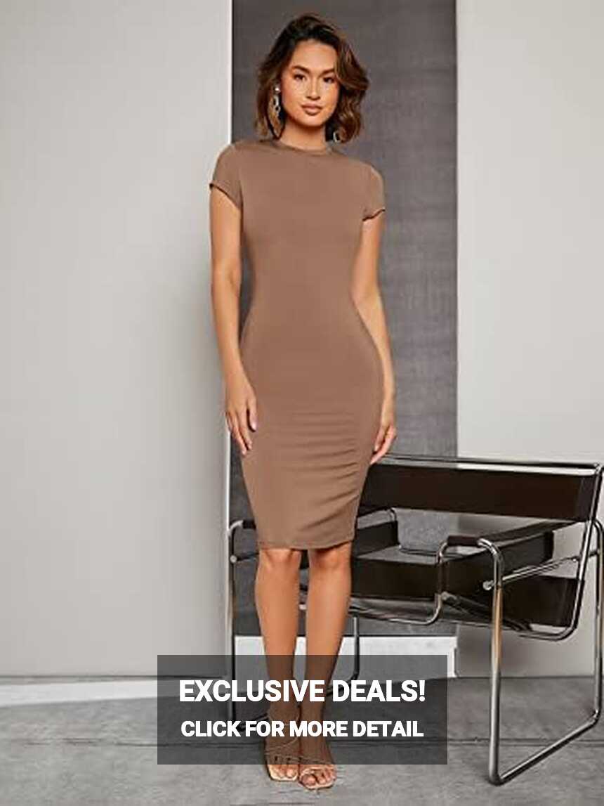 SHEIN Solid Bodycon Knee Length Dress, M1103150, Mocha Brown, XS ...