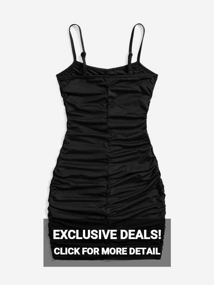 SHEIN Solid Color Bodycon Dress With Pleated Hem And Spaghetti ...