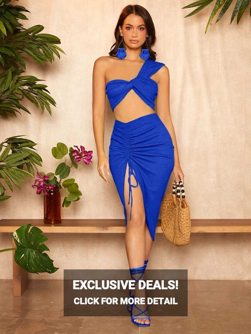 SHEIN Solid One Shoulder Top &amp; Drawstring Front Skirt