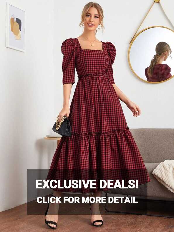 SHEIN Square Neck Puff Sleeve Frill Trim Gingham Dress