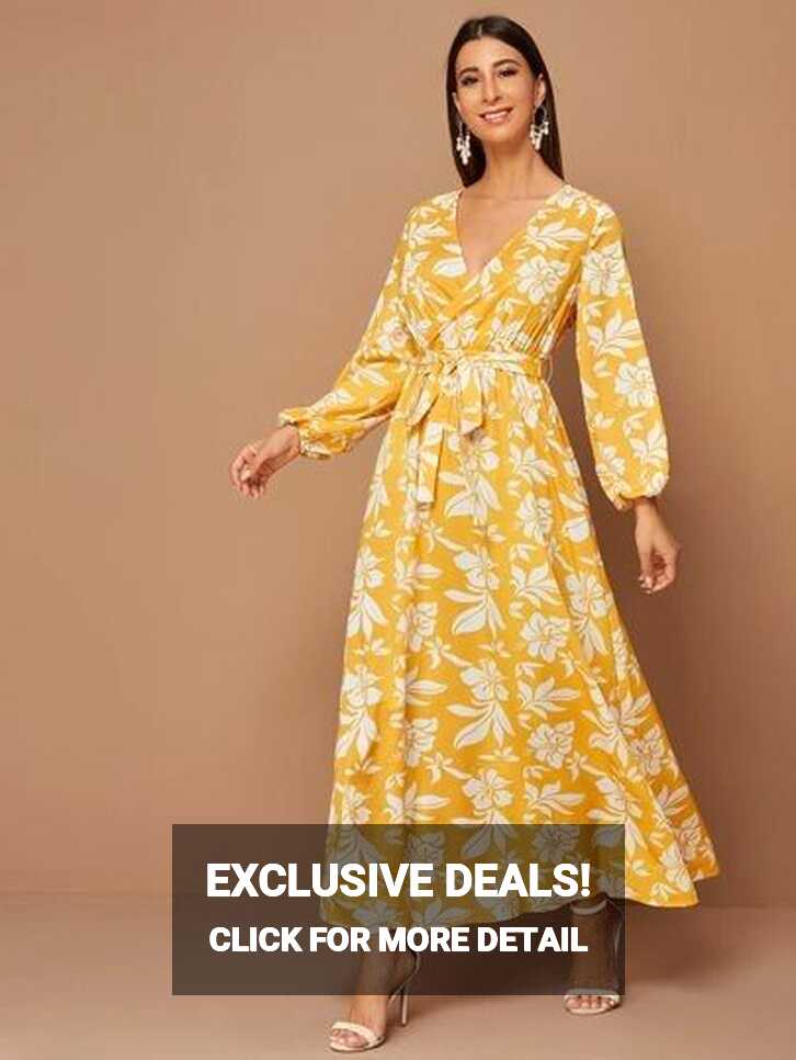 SHEIN Surplice Neck Self Belted Floral Print Dress