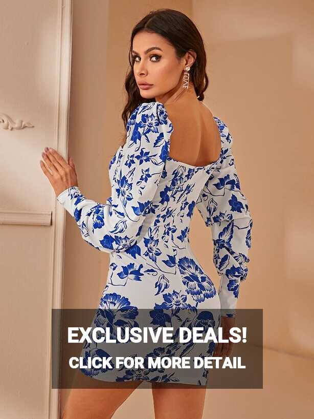 SHEIN Sweetheart Neck Gigot Sleeve Floral Print Bodycon Dress