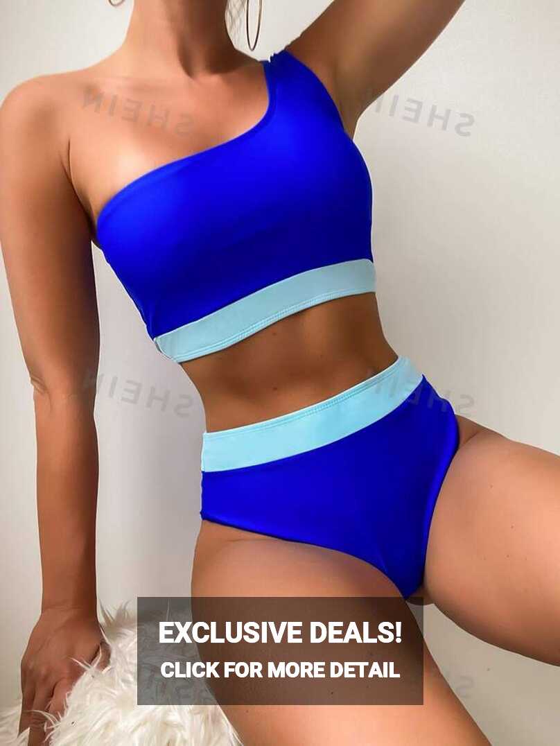 SHEIN Swim Summer Beach Neon Blue Bikini Set Contrast Trim One ...