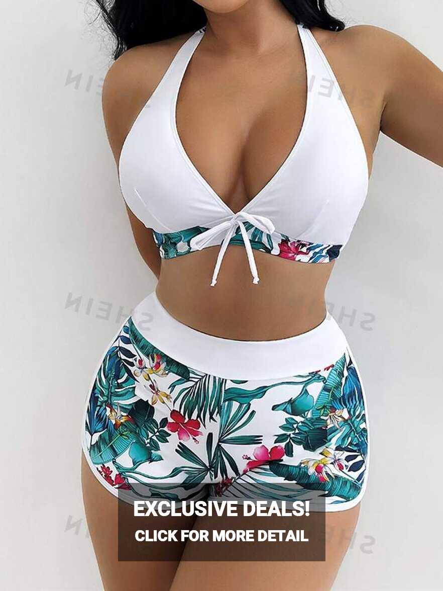 SHEIN Swim Summer Beach Tropical Print Bikini Set Halter Bra ...