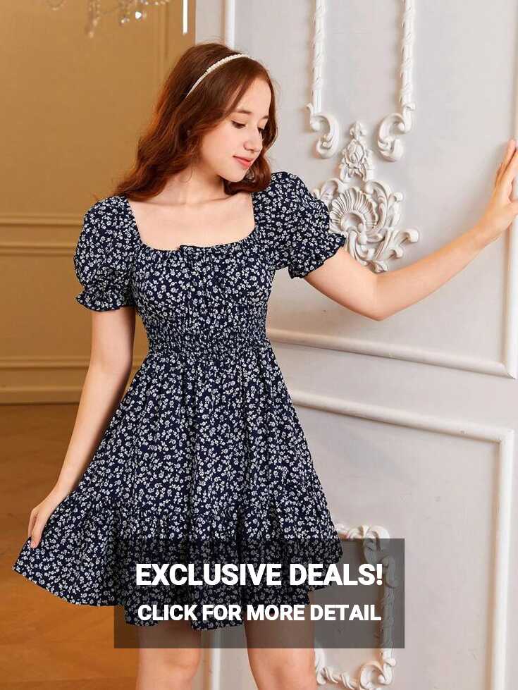 SHEIN Teen Girl Ditsy Floral Print Puff Sleeve Ruffle Hem Dress ...