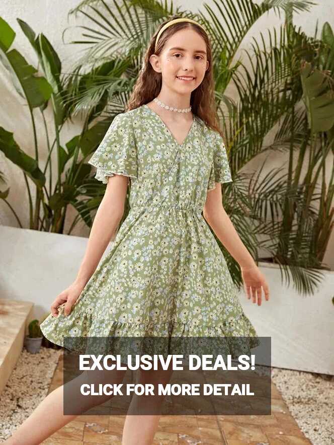 SHEIN Teen Girls Butterfly Sleeve Ruffle Hem Ditsy Floral Dress