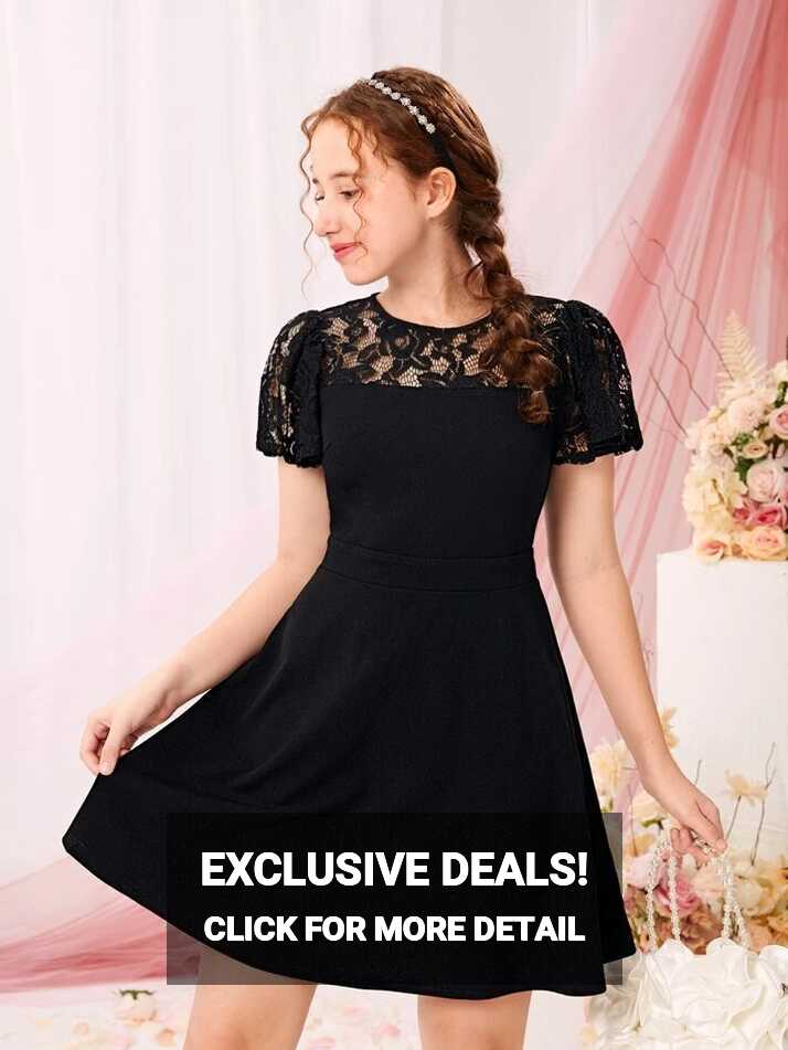 SHEIN Teen Girls Contrast Lace Puff Sleeve Dress | SHEIN