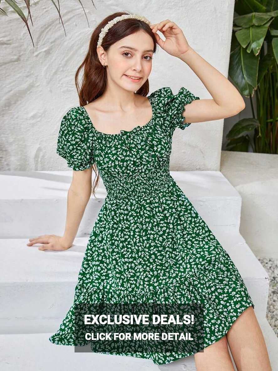 SHEIN Teen Girls Ditsy Floral Print Puff Sleeve Ruffle Hem Dress ...