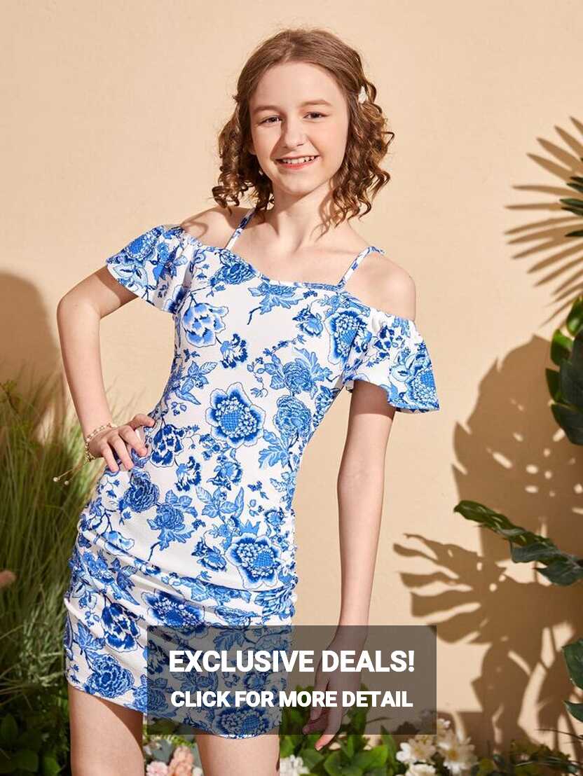 SHEIN Teen Girls Floral Print Cold Shoulder Ruched Dress | SHEIN EUR