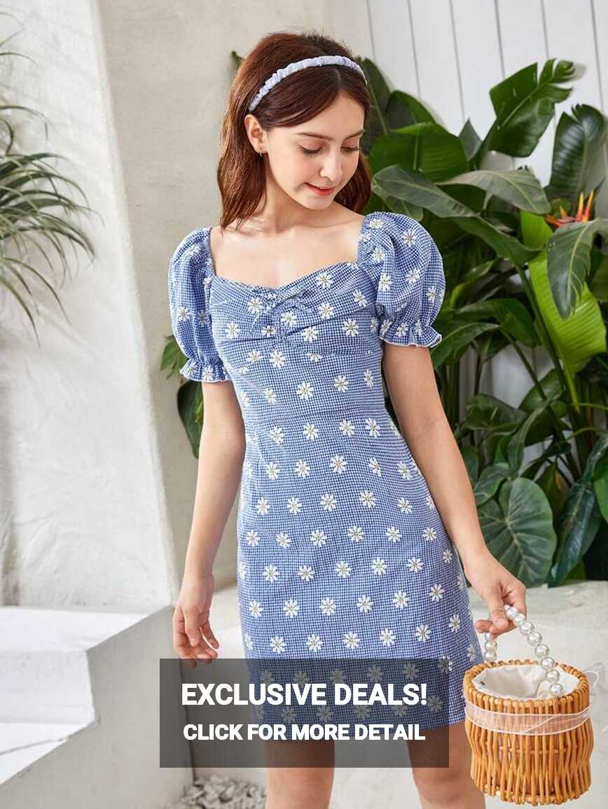 SHEIN Teen Girls Floral Print Ruched Bust Puff Sleeve Dress ...