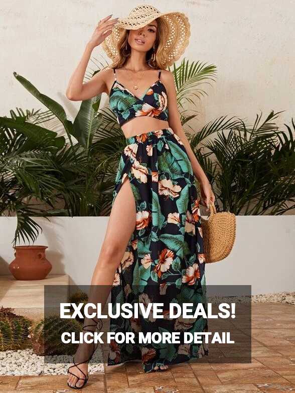 SHEIN Tie Back Tropical Print Cami Top &amp; Split Thigh Skirt Set