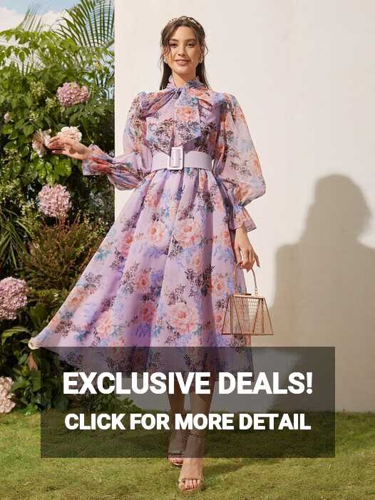 SHEIN Tie Neck Flounce Sleeve Self Belted Floral Organza Dress ...