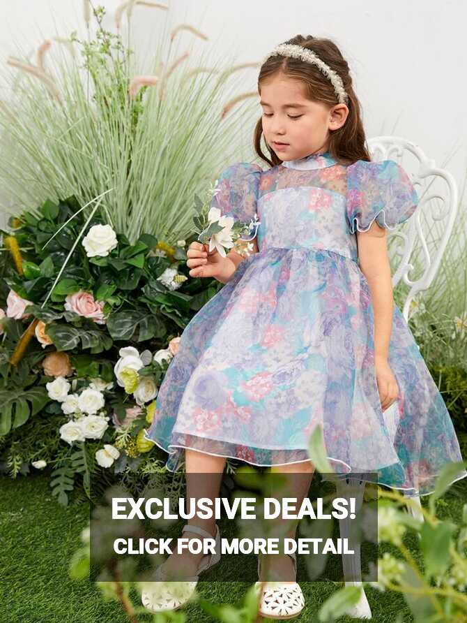 SHEIN Toddler Girls Floral Print Organza Contrast Stitch Dress | SHEIN