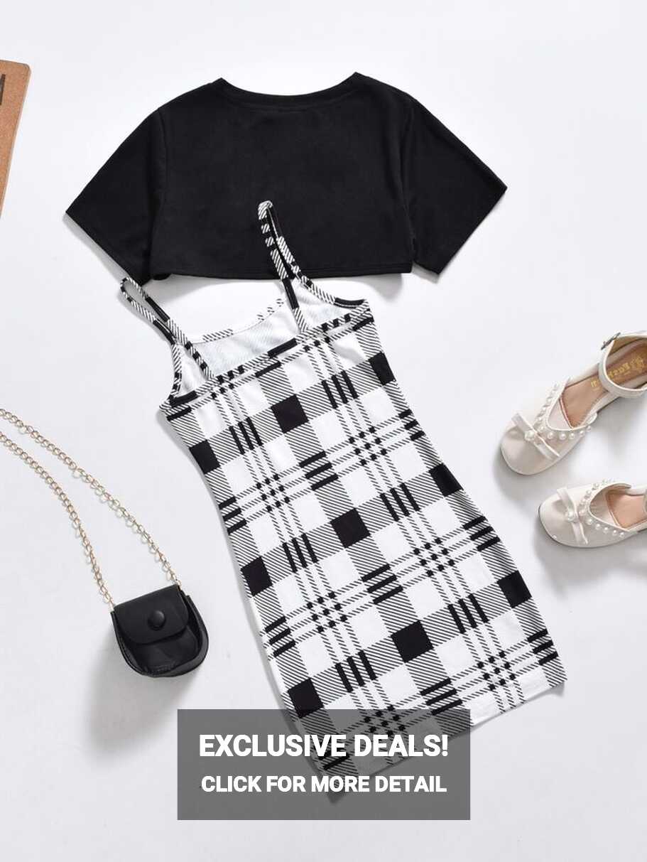 SHEIN Tween Girl Plaid Print Cami Dress &amp; Super Crop Top | SHEIN