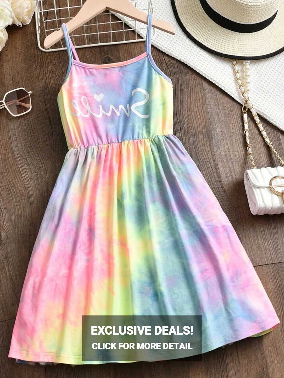 SHEIN Tween Girl Tie Dye Letter Graphic Cami Dress Pastel Dress ...