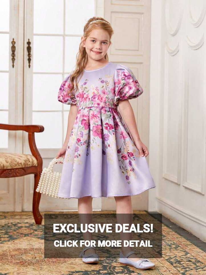 SHEIN Tween Girls Floral Print Puff Sleeve Party Dress | SHEIN USA