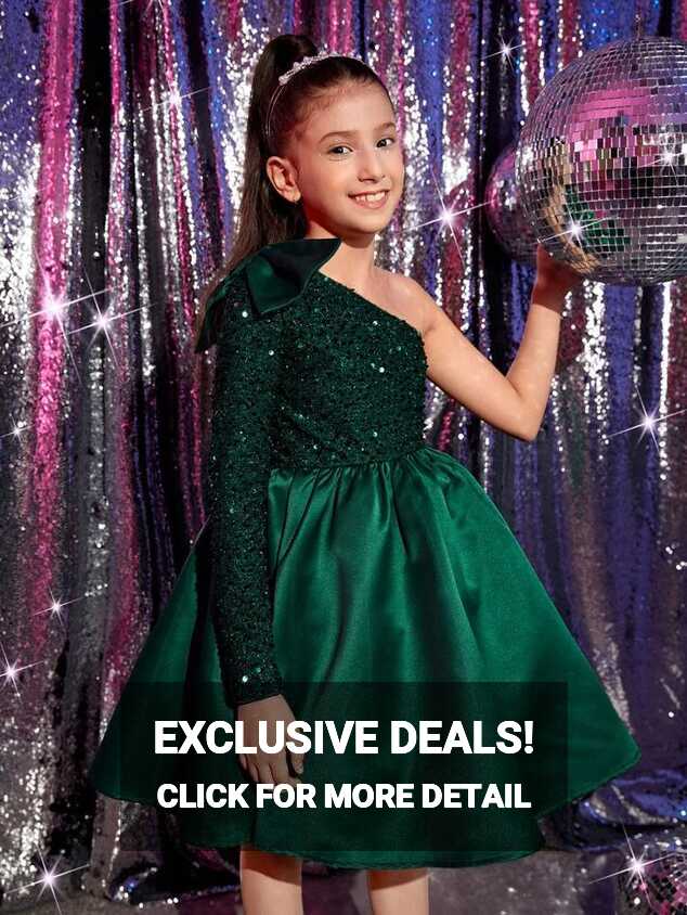 SHEIN Tween Girls One Shoulder Bow Detail Sequin Party Dress | SHEIN