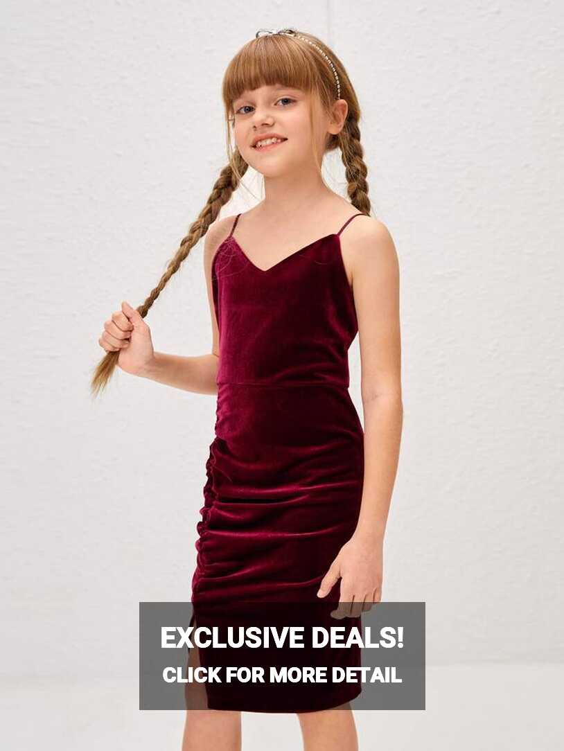 SHEIN Tween Girls Solid Ruched Velvet Cami Dress | SHEIN