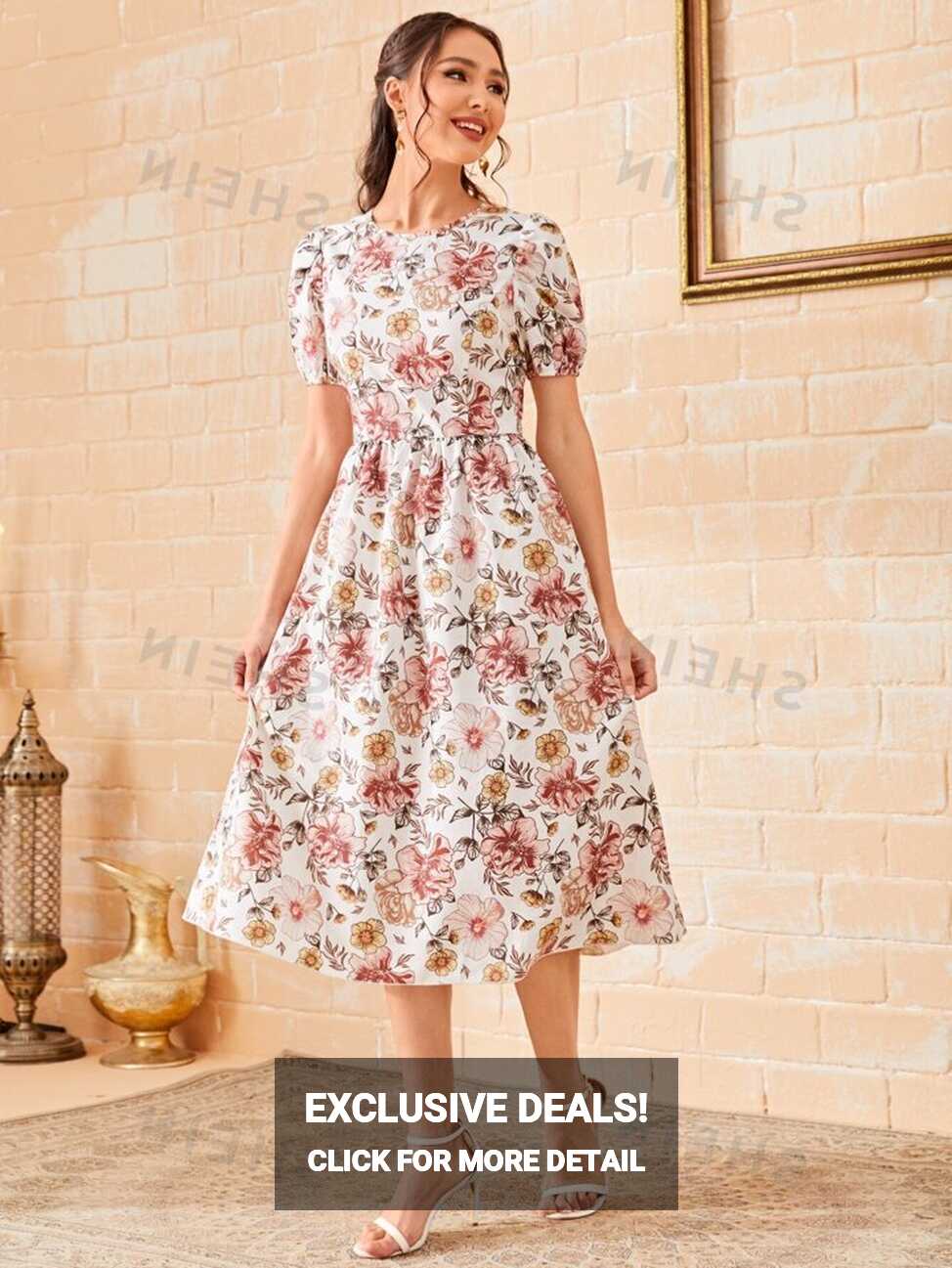 SHEIN Unity Floral Print Puff Sleeve Flare Hem Dress | SHEIN USA