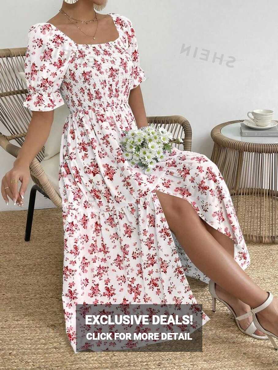 SHEIN VCAY Casual Summer Long Split Ditsy Floral Dress | SHEIN UK