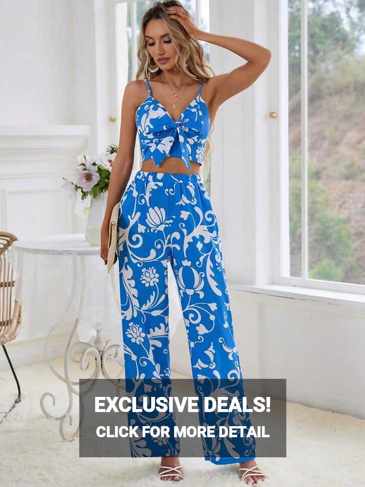 SHEIN VCAY Floral Print Knot Front Cami Top &amp; Wide Leg Pants ...