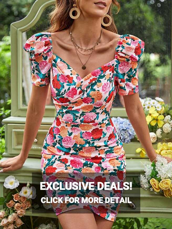 SHEIN VCAY Floral Print Sweetheart Neck Puff Sleeve Ruched Bodycon ...