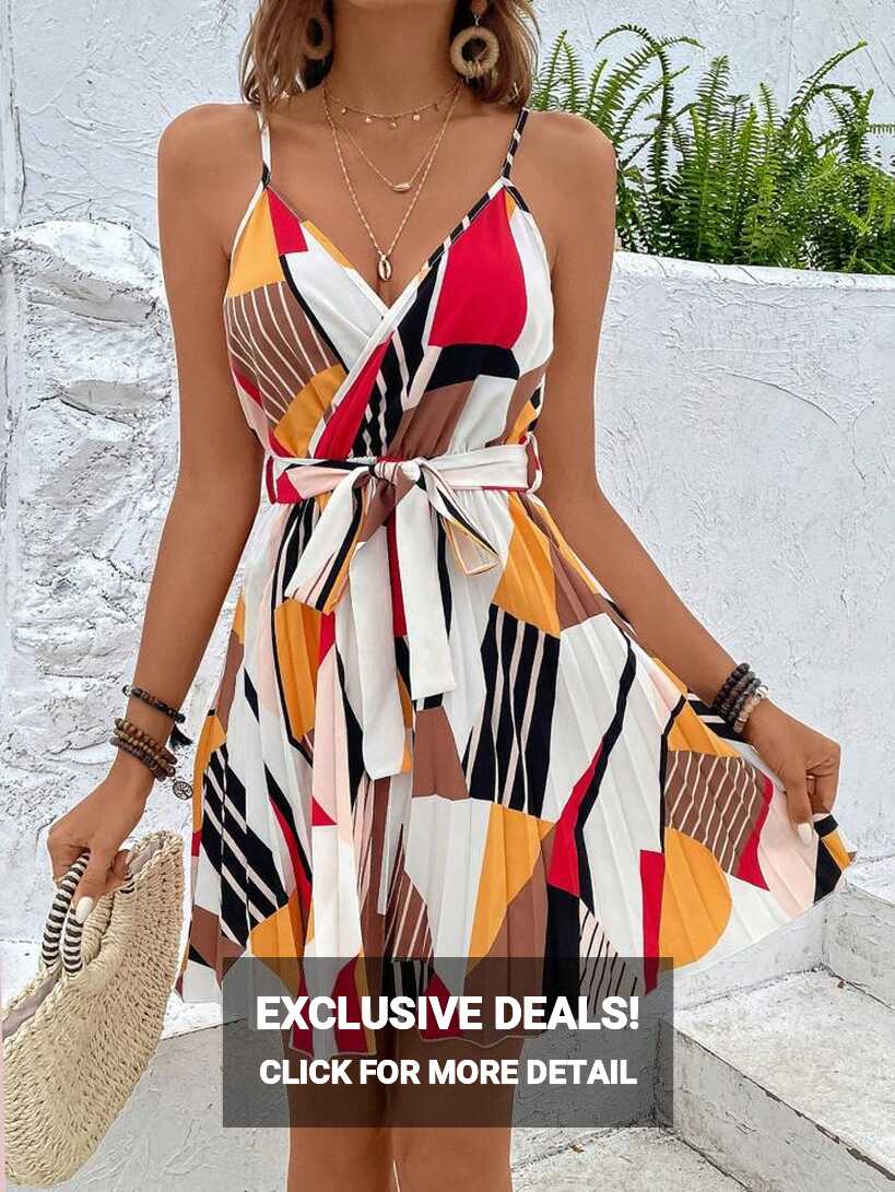 SHEIN VCAY Geo Print Belted Cami Dress | SHEIN