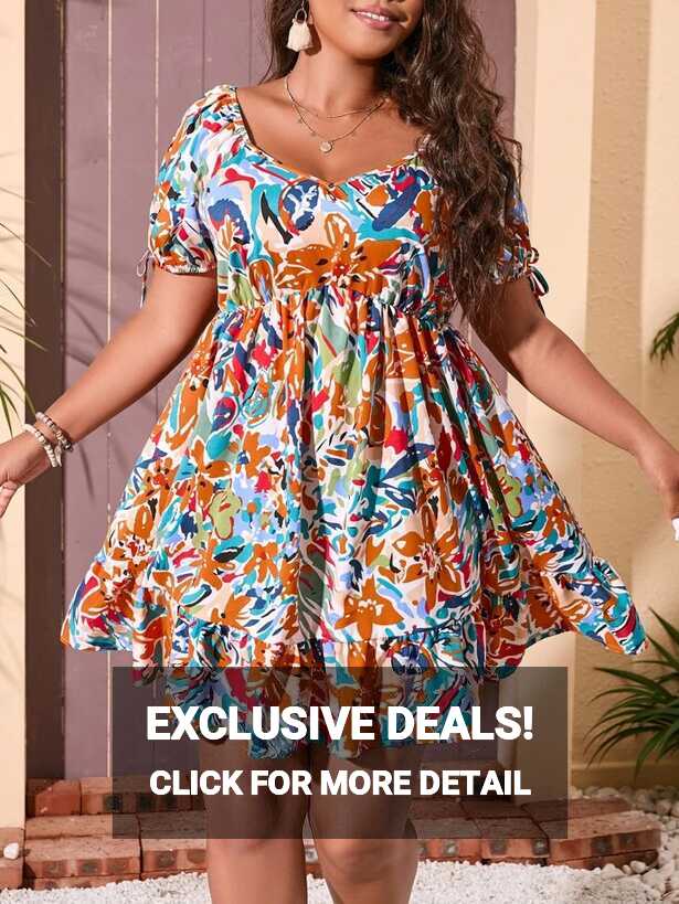 SHEIN VCAY Plus Allover Floral Print Puff Sleeve Ruffle Hem Dress ...