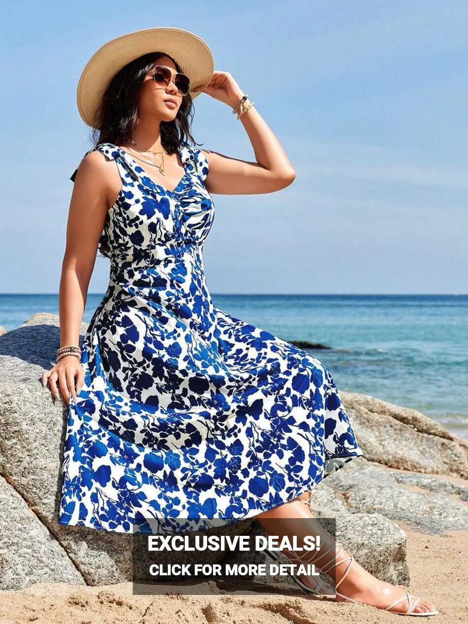 SHEIN VCAY Plus Size Vacation Style Floral Print Tie Strap Blue ...