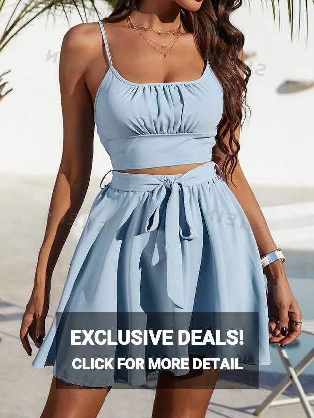 SHEIN VCAY Ruched Bust Cami Top &amp; Belted Skirt Set | SHEIN USA