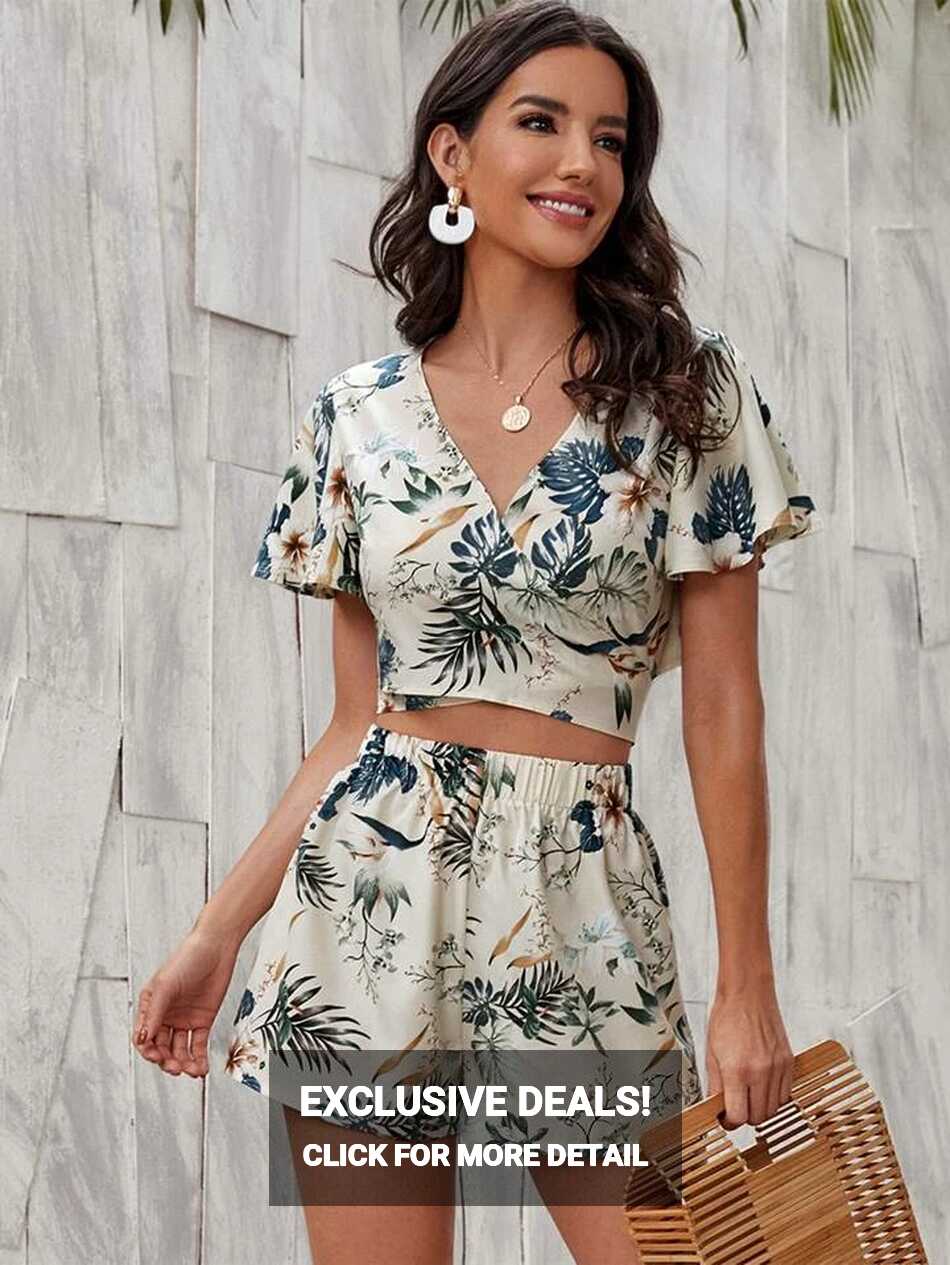 SHEIN VCAY Summer Beach Floral Tropical Print Crop Wrap Summer ...