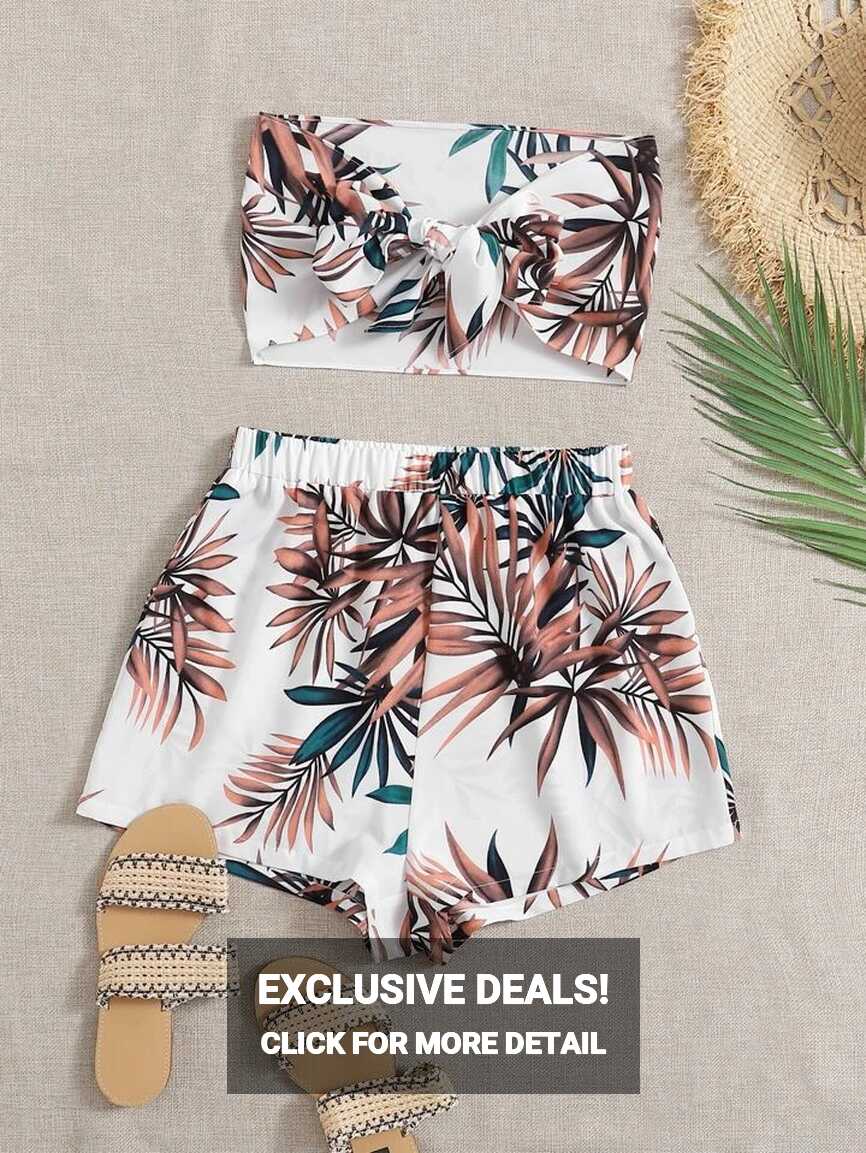 SHEIN VCAY Summer Beach Tropical Print Tie Front Two Piece Outfits ...