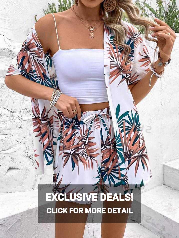 SHEIN VCAY Summer Two Piece Outfits Tropical Plant Printed Kimono ...