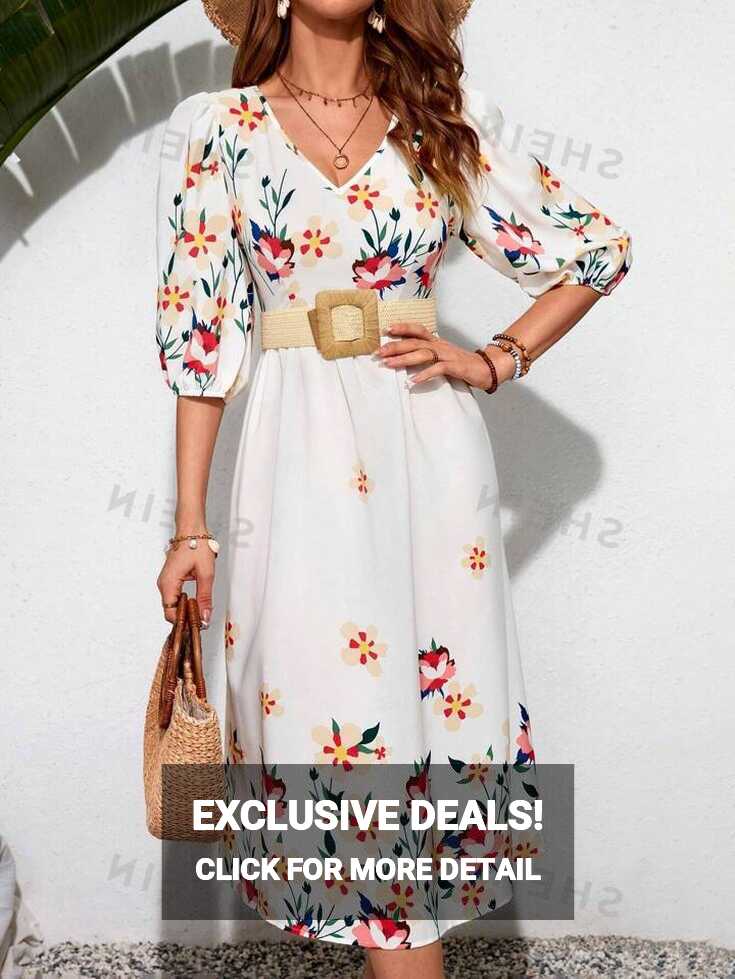 SHEIN VCAY Summer Women&#39;s Floral Printed Casual White Long Dress ...