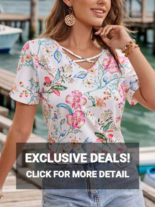 SHEIN VCAY Vacation Ladies Floral Print Short Sleeve T-Shirt ...