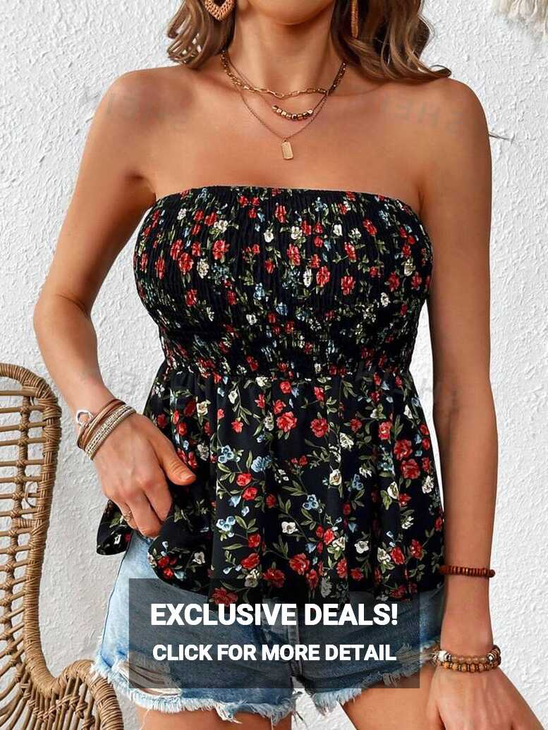 SHEIN VCAY Vacation Style Strapless Small Floral Print Cute Summer ...