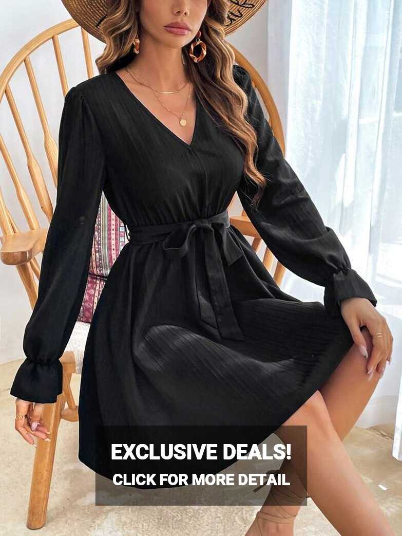 SHEIN VCAY Women&#39;s Casual Black V-neck Long Sleeve Dress | SHEIN USA