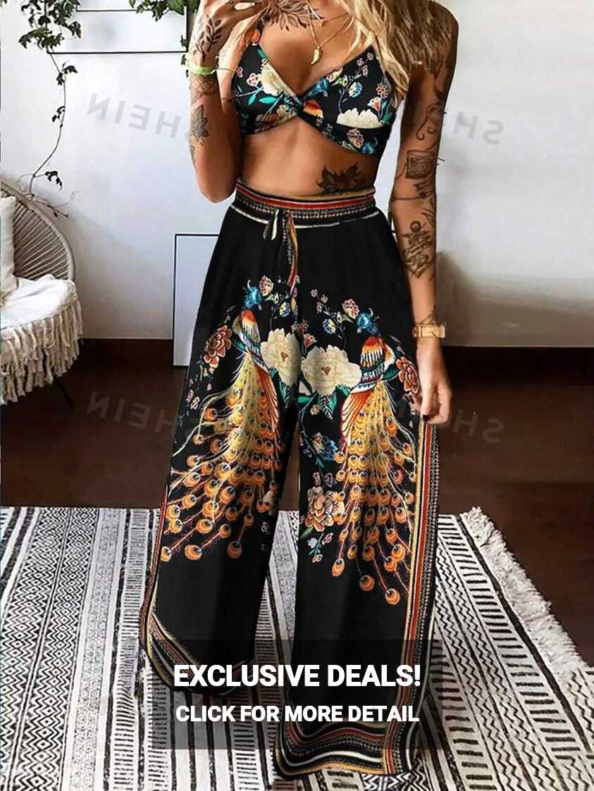 SHEIN VCAY Women&#39;s Floral Printed Camisole Top And Wide Leg Pants ...