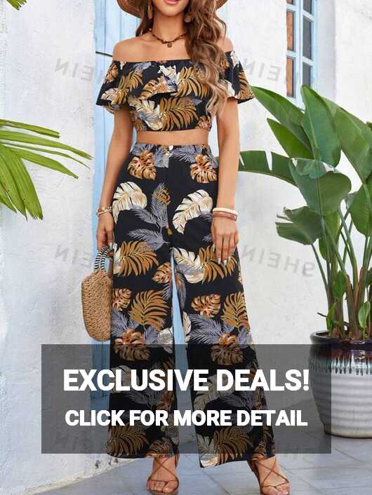 SHEIN VCAY Women&#39;s Vacation Tropical Printed Crop Top And Wide Leg ...