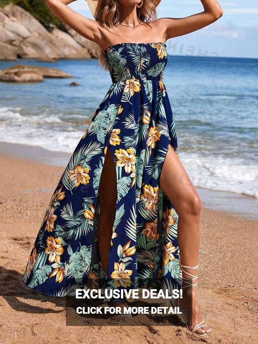 SHEIN VCAY Women Summer Vacation Beach Tropical Print Tube Split ...